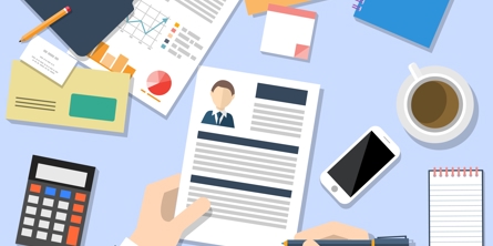 grafik, der viser to hænder, der skriver på en ansøgning.